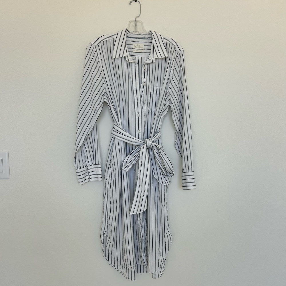 J Crew Cotton Poplin Tie Waist Striped Midi Dress